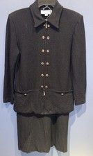 28 Black Knit Skirt Suit, Wool, Full Zip Jacket Vintage St. John Marie Gray