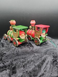 Vintage Mid-Century Handmade Wooden Christmas Train Ornaments With Elves -Taiwan