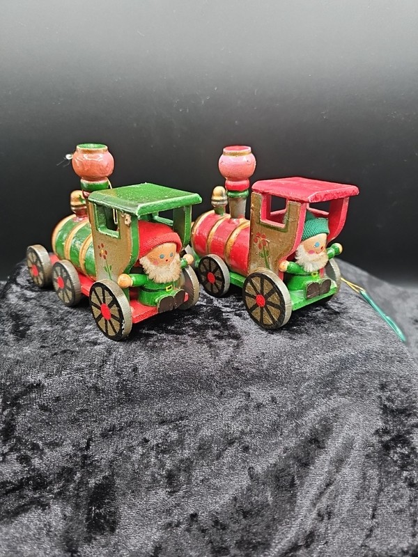 Vintage Mid-Century Handmade Wooden Christmas Train Ornaments With Elves -Taiwan