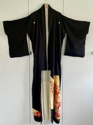 Vintage japanischer Kurotomesode Seide Kimono 5 Kamon formell Hochzeit Fan Motiv