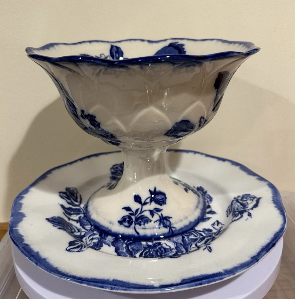 Antiga tigela inglesa de pedestal de pedra de ferro Staffordshire azul transferware c. 1890 - Imagem 2 de 4
