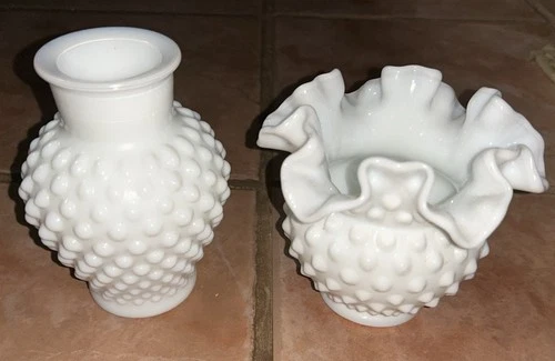 Two Vintage Fenton White Milk Glass Hobnail Vases