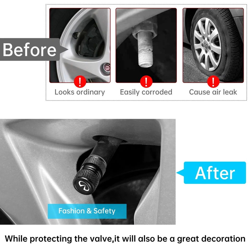 Tapas de vástago de válvula de neumático de metal 4 piezas para accesorios Infiniti Q50 FX35 QX70 Foto 4 de 4