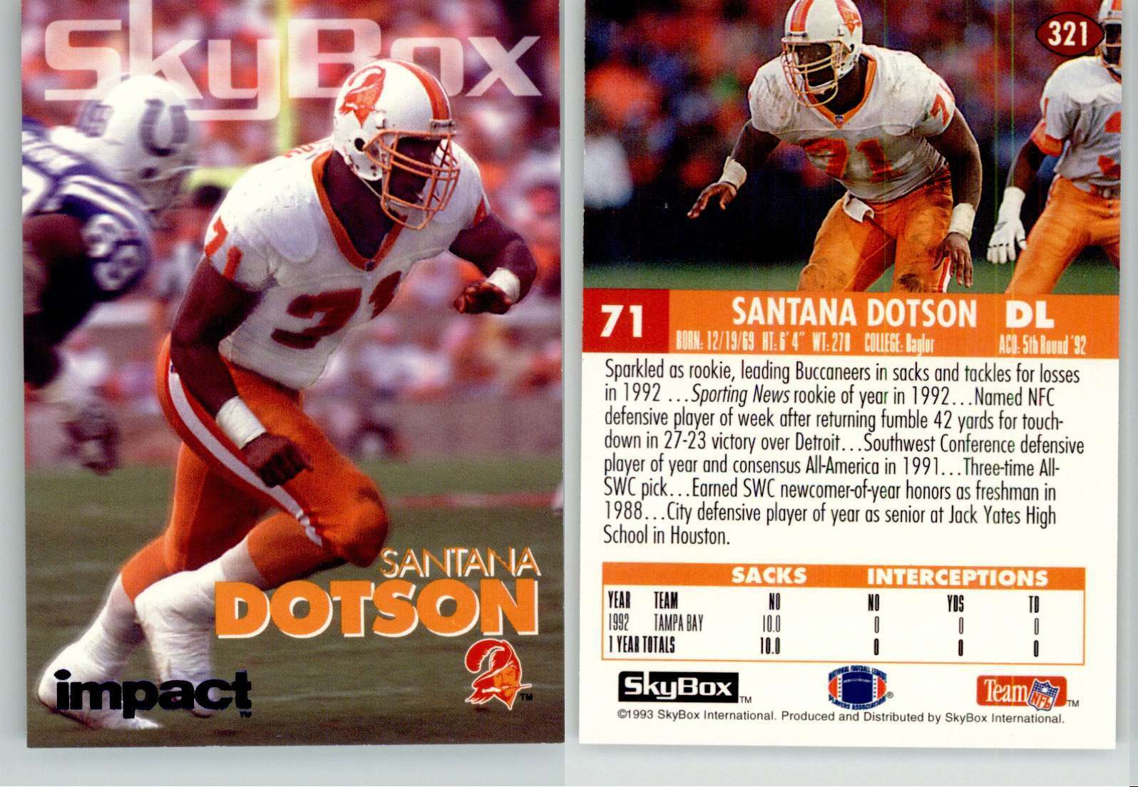 Santana Dotson 1993 SkyBox Impact Color Foils #321 Buccaneers