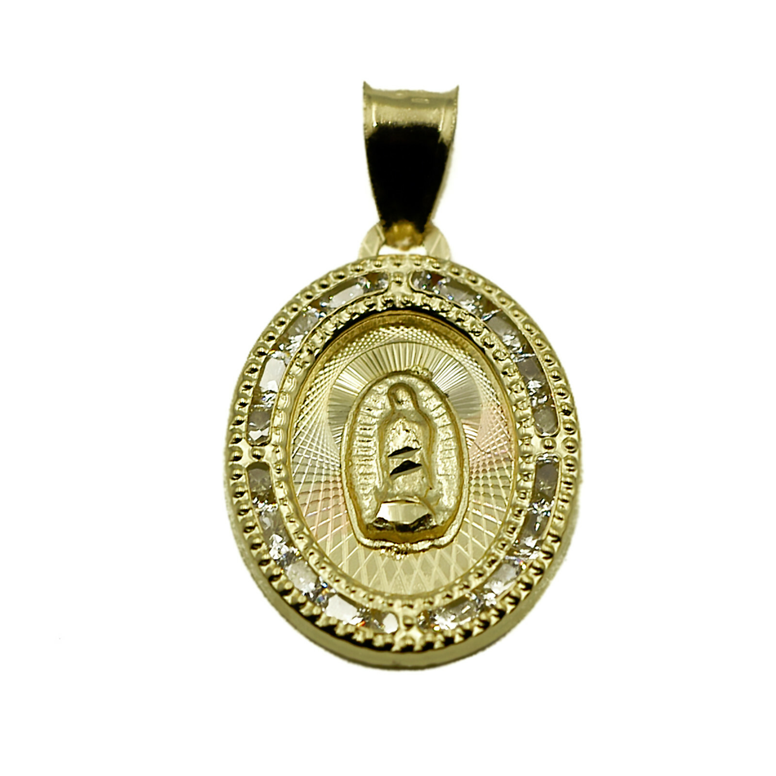 14k Tricolor Gold Virgin Guadalupe CZ Oval Religious Pendant