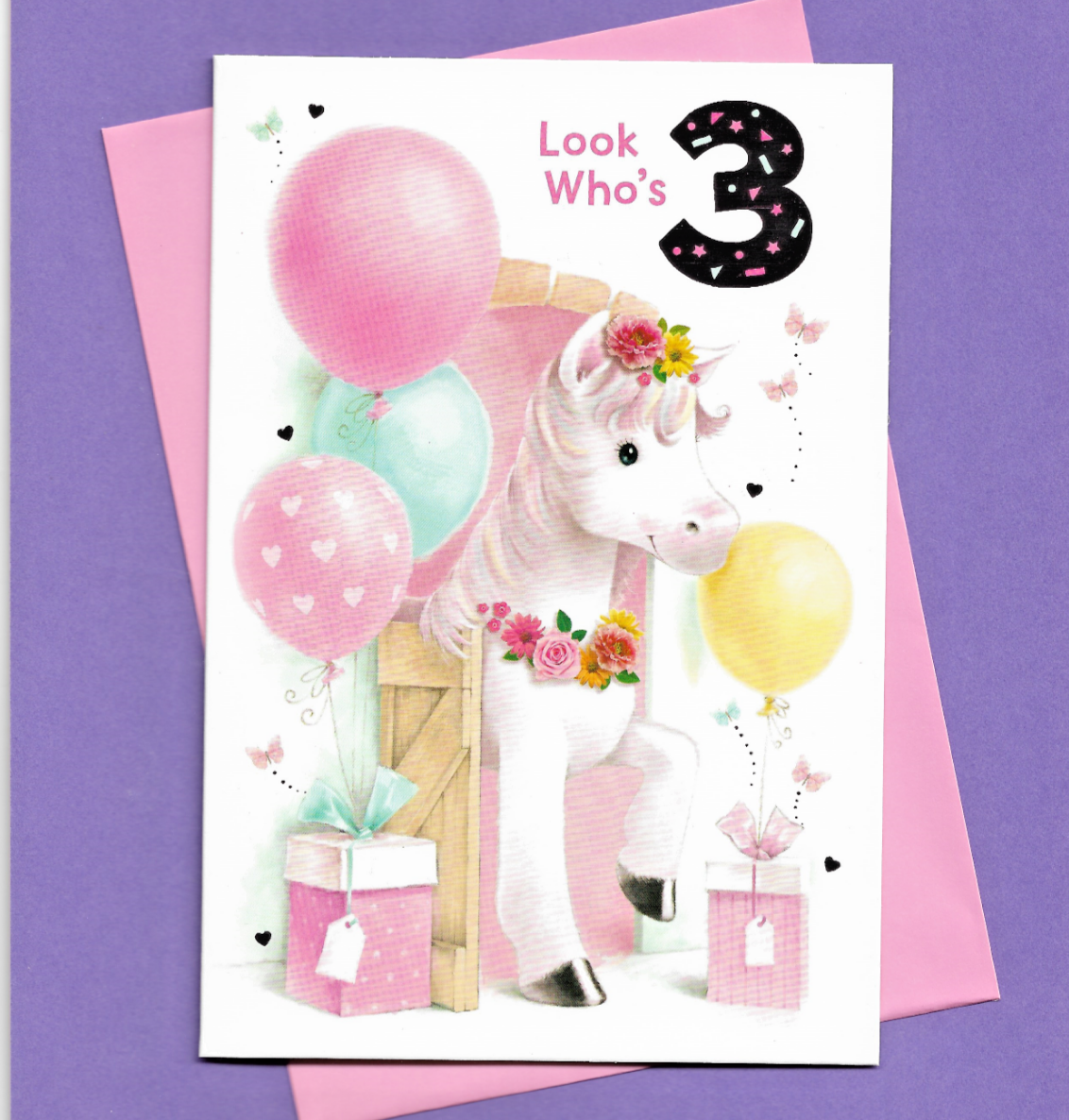 Look Who's 3 Birthday Card Three Years Old Age Unicorn Balloons Girl 19x13cm