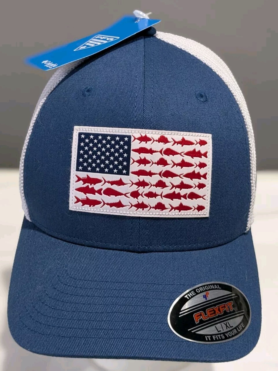 NWT Columbia PFG Hat Cap Professional Fishing Gear L/XL Flexfit Flag Blue White