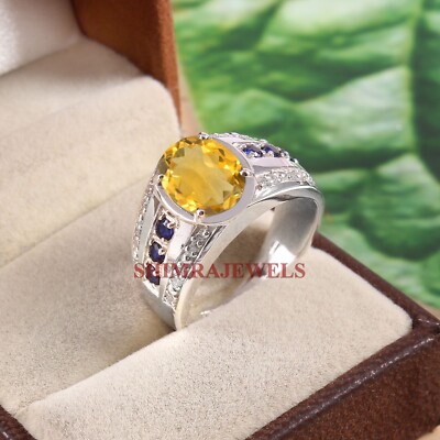 Natural Citrine & Sapphire With 14K White Gold Plated Silver Men's Ring #1242