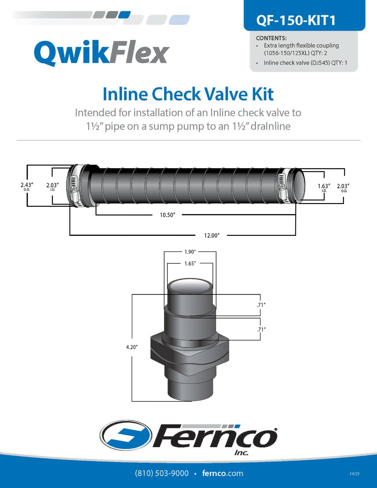 QwikFlex 24" InLine Sump Pump Check Valve Installation Kit for Offset