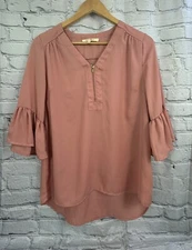 Wishful Park Front zip Blouse 3/4 Sleeve Ruffles  Arctic Peach Size M