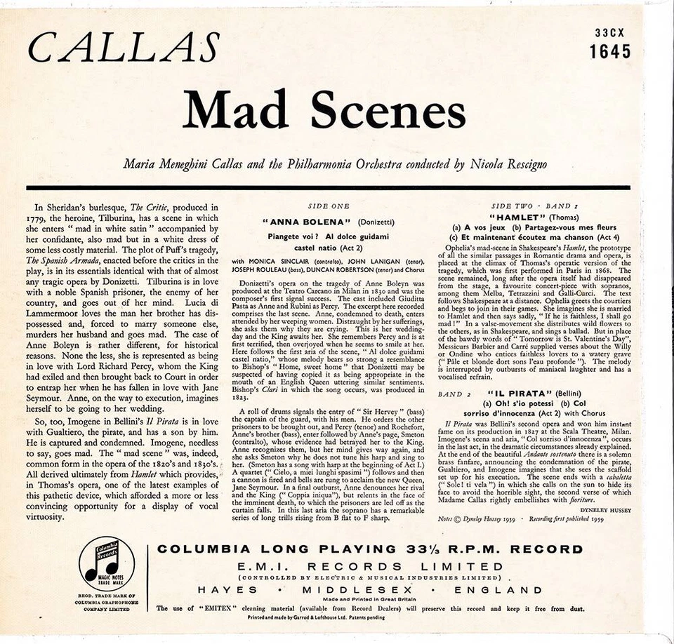 CALLAS In Mad Scenes DONIZETTI THOMAS BELLINI Columbia 33CX-1645 1N/1N Stampers - Image 2 of 3