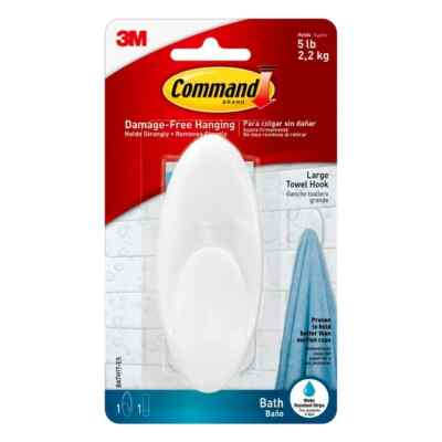 #ad Command Bath Large Towel Hook Hold 5LB Water Resist 1 Hook 1 Large Strip 1 Pack $7.49