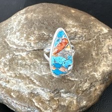 Blue Turquoise Spiny Oyster Southwestern Sterling Silver Ring Size 5 18501