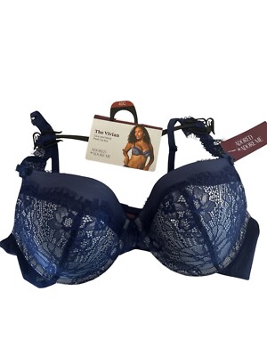 Adored By Adore Me  Women's Vivian  Push Up Bra Lace And Mish Navy Blue 40C New