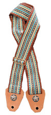 Hand-woven adjustable guitar strap with decorative leather ends, soft cotton