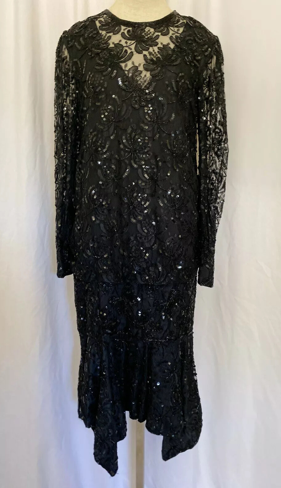 Judith Ann Creation Black Beaded Sequin Flapper Gown Dress Asymmetric Hem Small