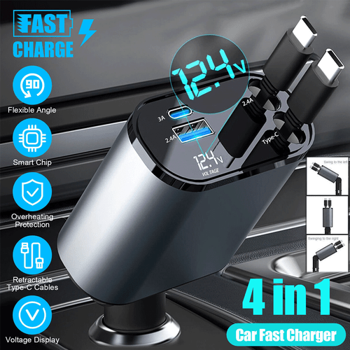 Retractable Car Charger 4 in 1 Fast Car Phone Charger 100W With USB Type C Cable - Picture 1 of 16