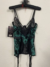 Seven 'Til Midnight Two Piece Flocked Mesh & Lace Bustier & Thong Sexy Set Sz L