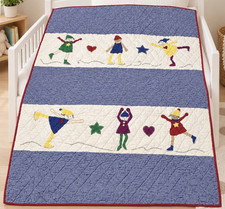 Vtg Eddie Bauer Home Crib Quilt 52x40 Ice Skating Blue Gingham Appliqu  Folk Art