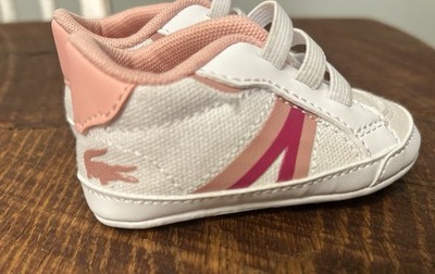 Lacoste L004 Crib Cub Infant Shoes SZ 1 -White Pink Baby Girl Sneakers Hook Loop