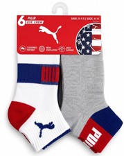 PUMA SOCKS BOYS X6 - QUARTER 263 - RED WHITE B SZ LARGE - SHOE SZ 4-9.5 - 6 PACK