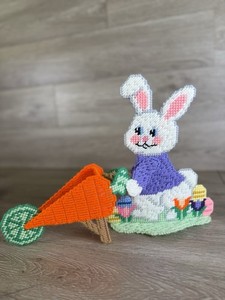 VTG Easter Bunny & Wheelbarrow Plastic Canvas Needlepoint Cross Stitch Complete