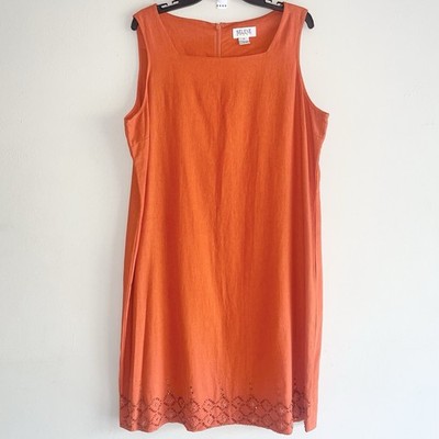 Selene Sport Linen Dress Plus Size 1X Mature Orange Cotton Beaded Hem Sleeveless