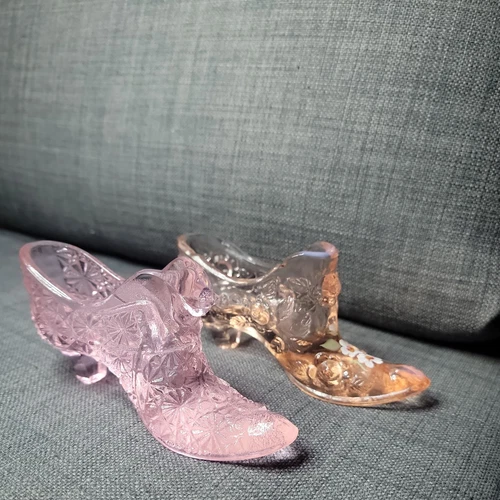 Fenton Pink Glass CABBAGE ROSE Hand Painted & CAT HEAD DAISY BUTTON SHOE