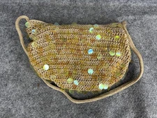The Sak Shoulder Bag Womens Small Tan Crochet Sequin Hobo Purse Iridescent Gold