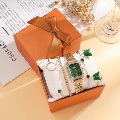 Elegante grüne quadratische Zifferblatt Gold Uhr besetzt mit 4 Schmetterling Bettelarmbänder