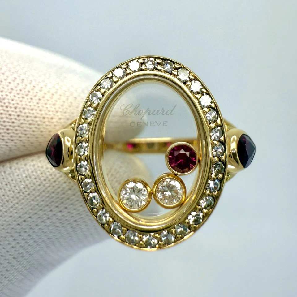 Rare Vintage Chopard Oval Happy Diamonds Ruby & Diamond 18k Yellow Gold Ring - Image 3 of 4