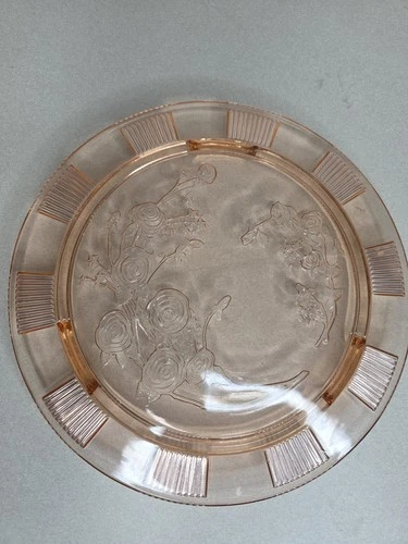Federal Glass Vintage Cake Plate Sharon or Cabbage Rose Pink Depression Glass