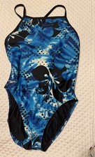SPEEDO Swimsuit One Piece Competitive Blue/Black floral. See measurements