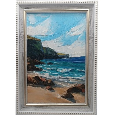 Original Seascape Oil Painting Framed Miniature Ocean Waves Cliffs Coast Art 6*4