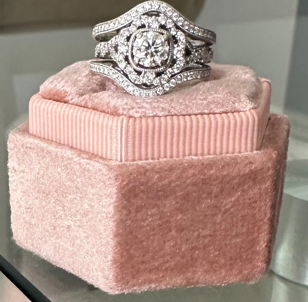 Zinnia Halo Engagement Ring + Art Nouveau Pavé Contour Bands – Shane Co. View 2