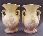 Pair Of Vintage Hull US Pottery Double Handle Yellow Pink Magnolia 5” Tall Vases