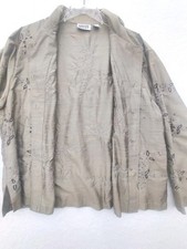 Vintage Chico's Design Silk Floral Embroidered Jacket Tan Earth Tone Art to Wear