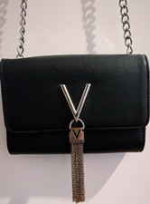 Valentino Black Leather Shoulder Bag Chain Strap Silver Hardware Tassel Accent