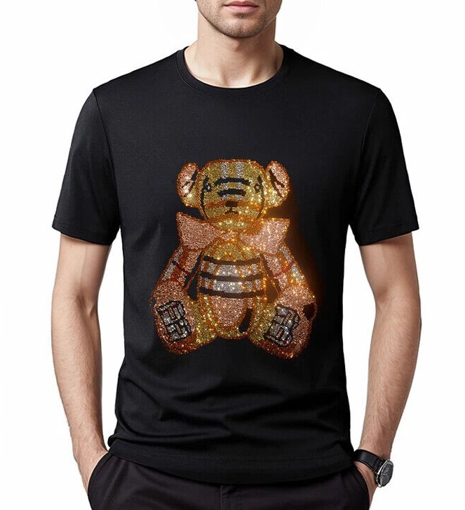 New Men Luxury Diamond Bear Rhinestones Fashion Black T-Shirt High Quality