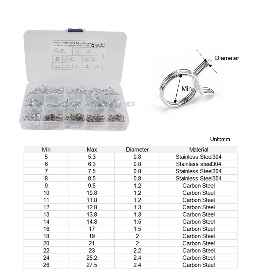 Car Fuel Line Petrol Pipe Fuel Hose Spring Clips/Clamps Double Wire Type 150Pcs