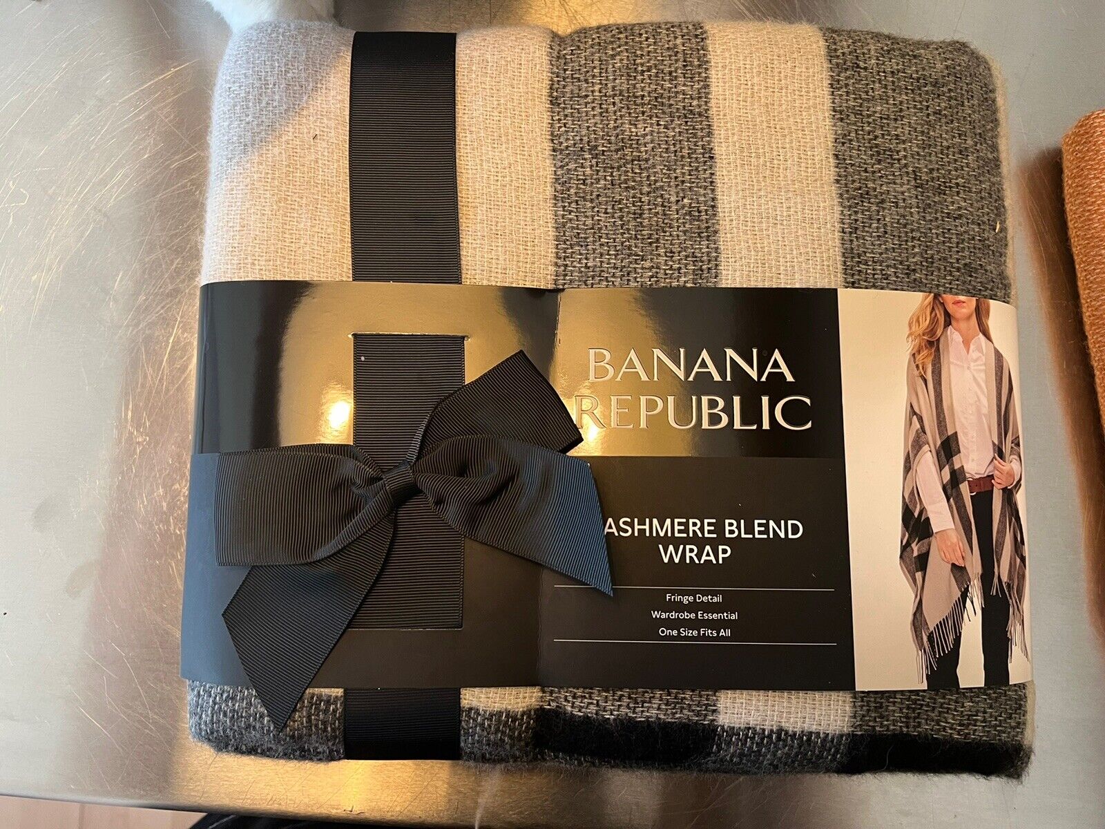 Womens Banana Republic Cashmere Blend Blanket Wrap Erin Plaid Neutral W/ Fringe
