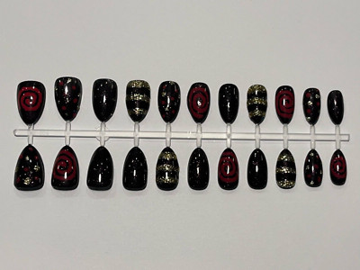 22 Count Pink/Purple/Gold Almond Shaped Hand Painted Gel Polish False Nails