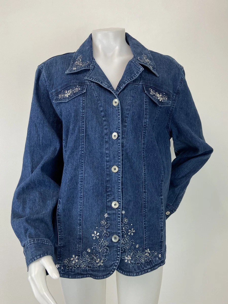Alfred Dunner Size 20 Stretch Denim Jacket Embroidery Rhinestones