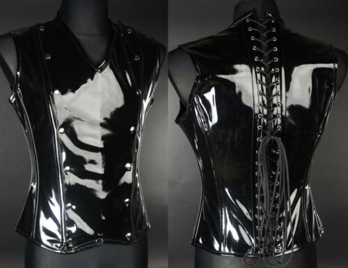Black PVC Fetish Vest Corset Back Vegan Leather V Shape Goth Male Corset - Picture 1 of 5