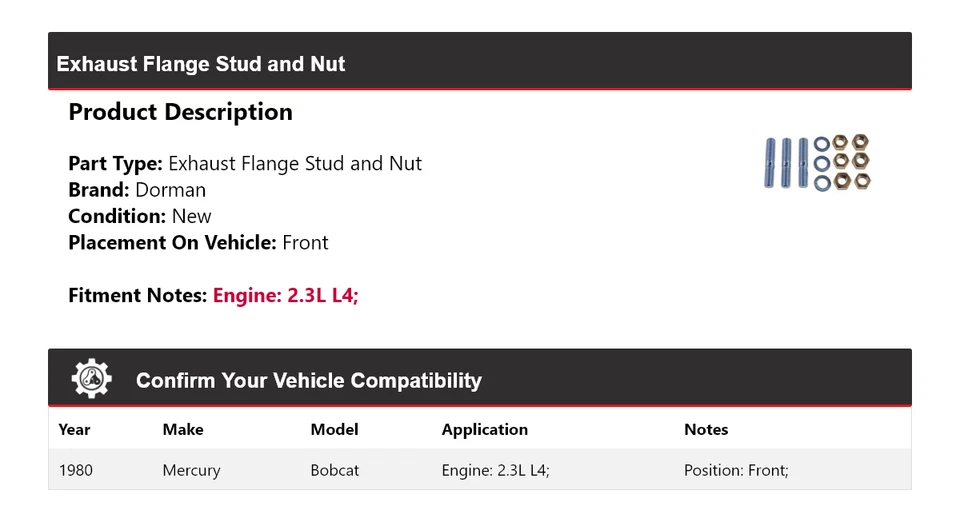Para Mercury Bobcat 1980 2,3 L L4 Dorman brida de escape perno y tuerca delantera Foto 2 de 4