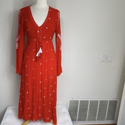 Free The Roses Women Red Orange Floral Embroidered Midi Dress Sz Small EUC Boho