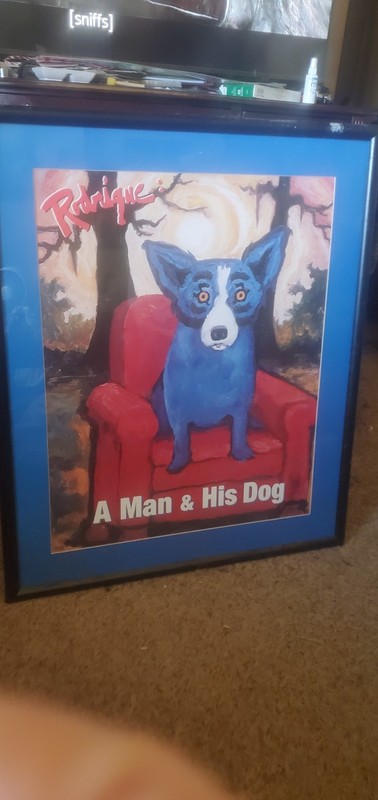 George Rodrigue: "A Man and His Dog" 1996 Rare "The Blue Dog" Framed 24x36