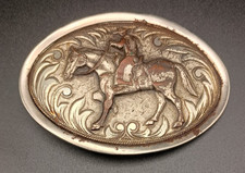 Vintage 1970's Western Belt Buckle - Cowboy on Horse and Leather Tooling Artwork