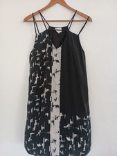 Parker Abstract 100% Silk Shift Dress L Strappy V-Neck Knee Length Black White