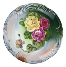 Antiq Moschendorf Porcelain Hand Painted 12.5" Platter Pink Yellow Roses Bavaria